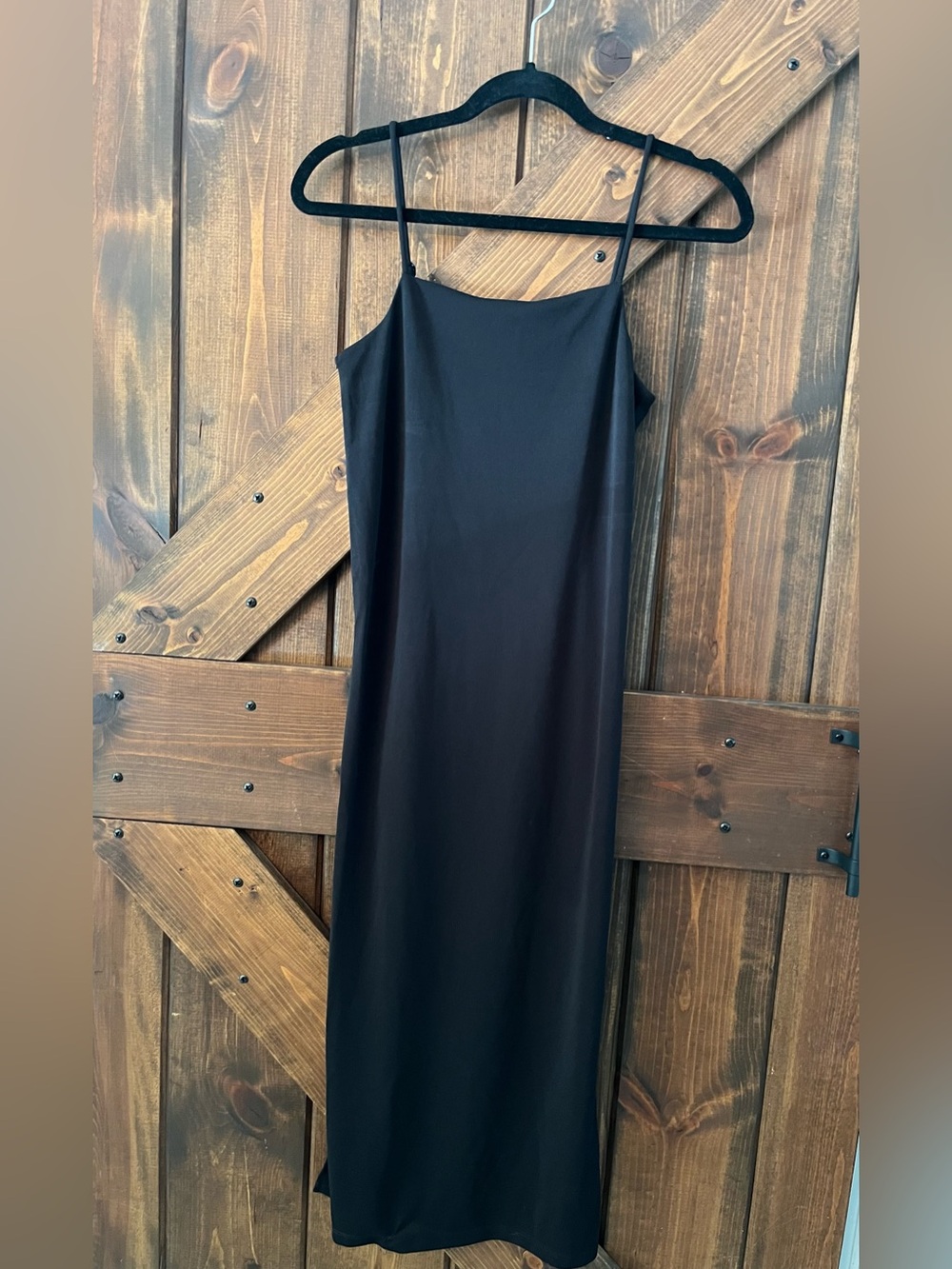 NWT- XS Black Slip Dress w Spaghetti Straps 100% polyester 17” slit down side